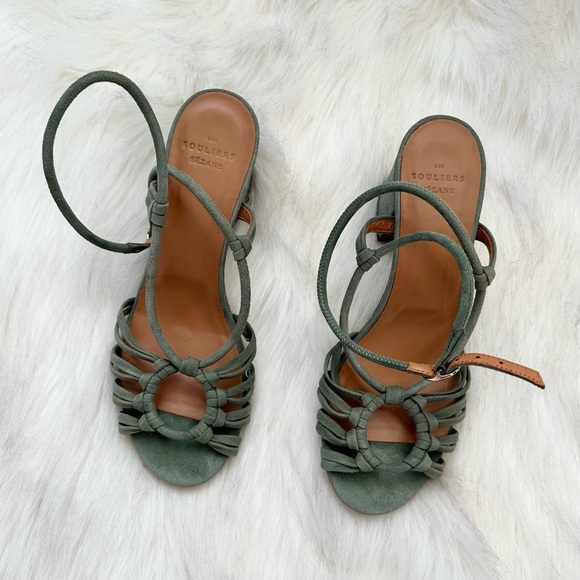 Sezane Gloria Heeled Sandals in Khaki Green Suede Size 38 (7.5 US) - Picture 2 of 7